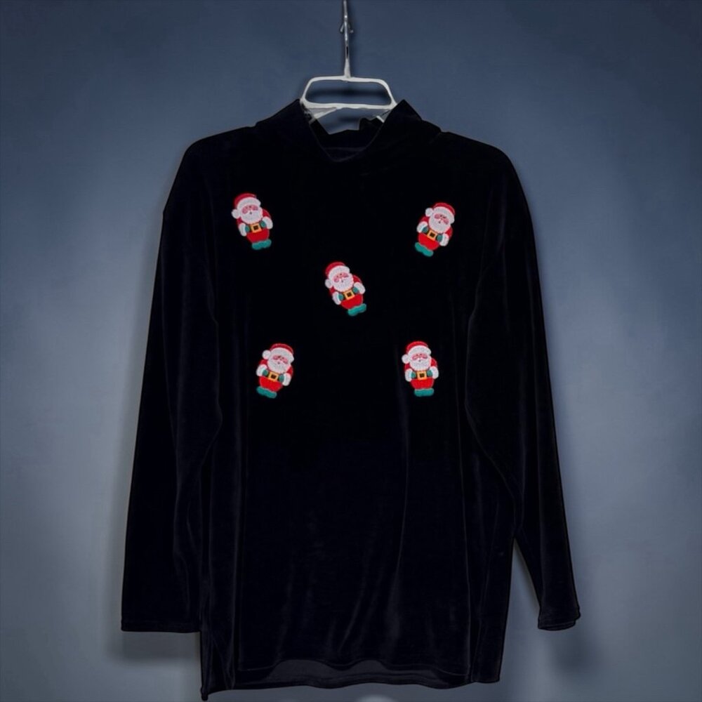 VTG Belle Pointe Black Velour Mock Neck Santa Embroidered M Teacher Core